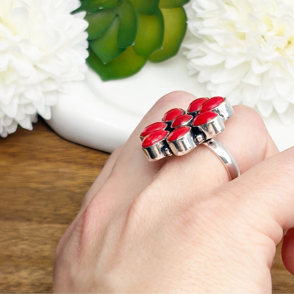 Red Coral Ring Size 9 Sterling Silver 925 Flower Cluster Vintage Southwest - Picture 6 of 10